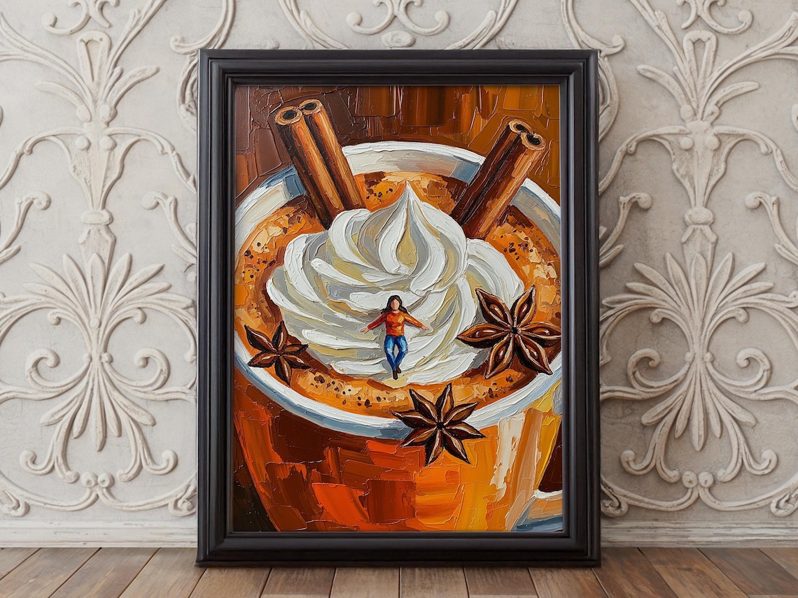 Surreal Pumpkin Spice Latte Tiny Woman Whipped Cream Painting Poster