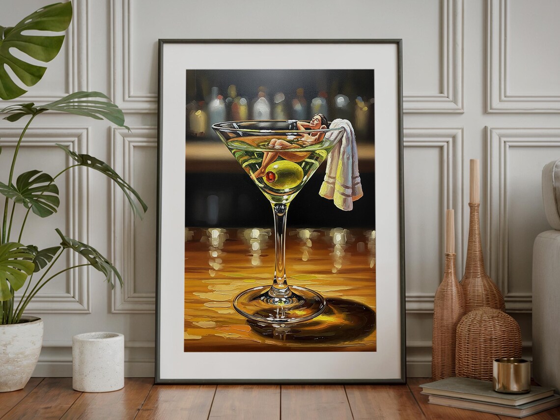 Martini Glass Woman Lounging Playful Whimsical Bar Cart Art Poster