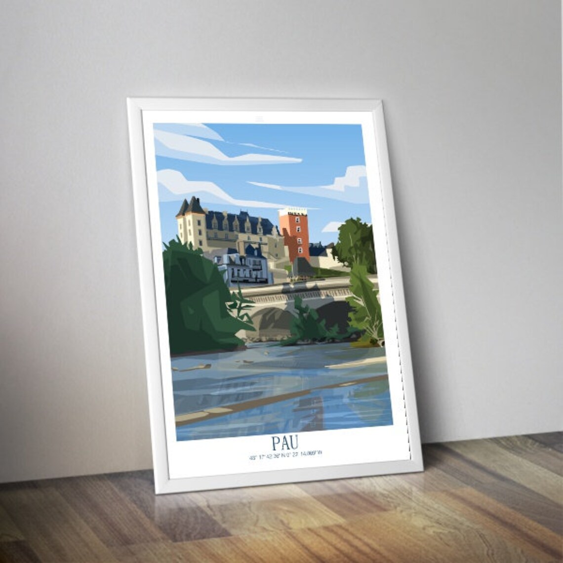 Pau France Castle Riverside Vintage Travel Poster Pyrenees Art