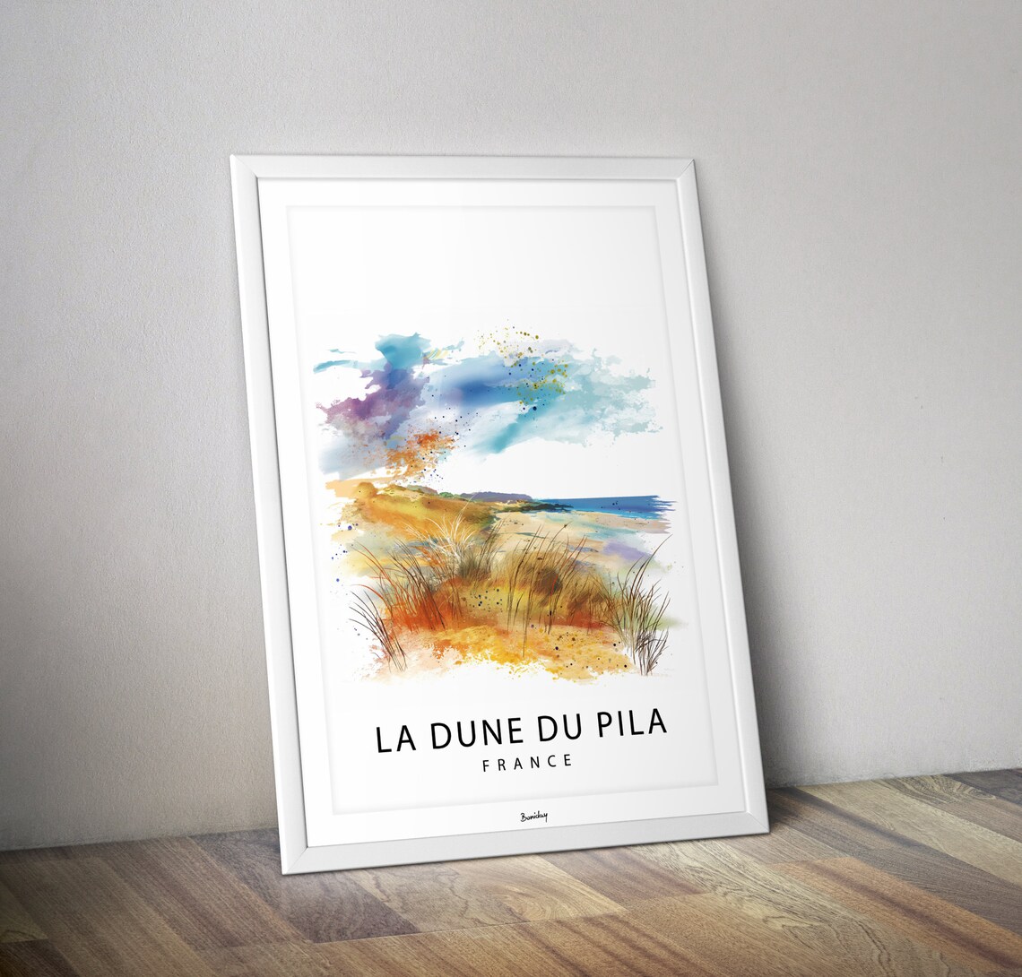 La Dune du Pila France Watercolor Beach Dunes Atlantic Travel Poster