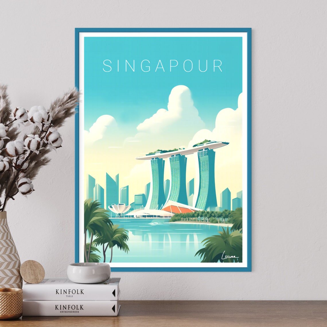 Singapore Marina Bay Sands Vintage Style Travel Poster in Teal Tones