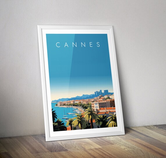 Cannes France Harbor Palms and Yachts Retro Riviera Travel Poster