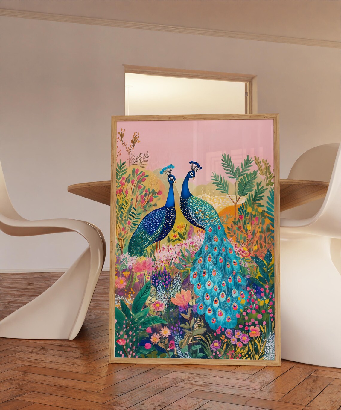 Garden Peacock Illustration, Indian Floral Art Print