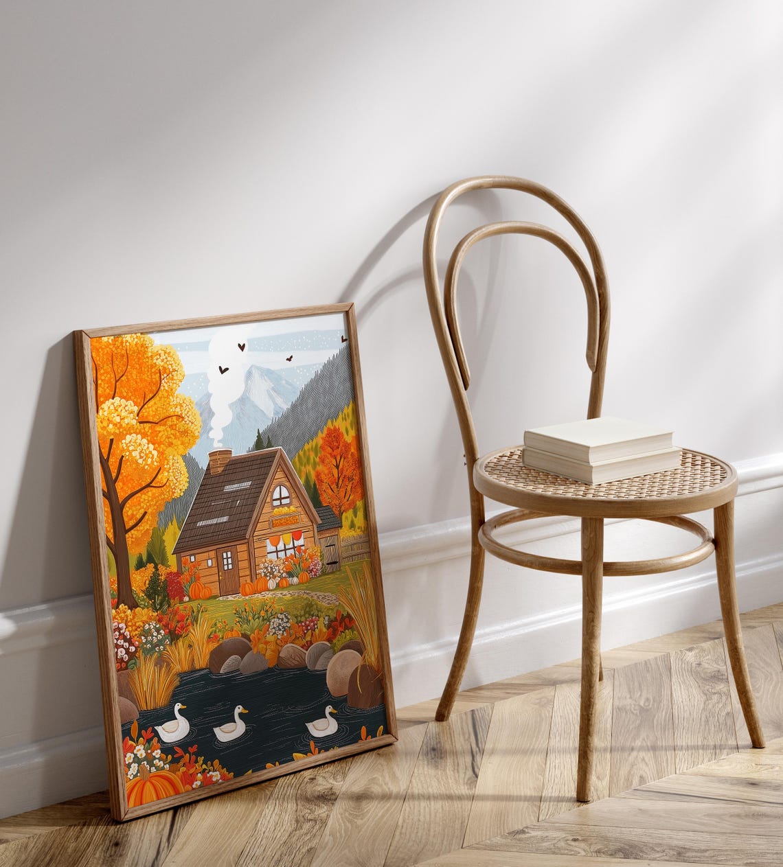 Pumpkin Cottage Autumn Fall Landscape Lake Ducks Harvest Wall Art - Image 2