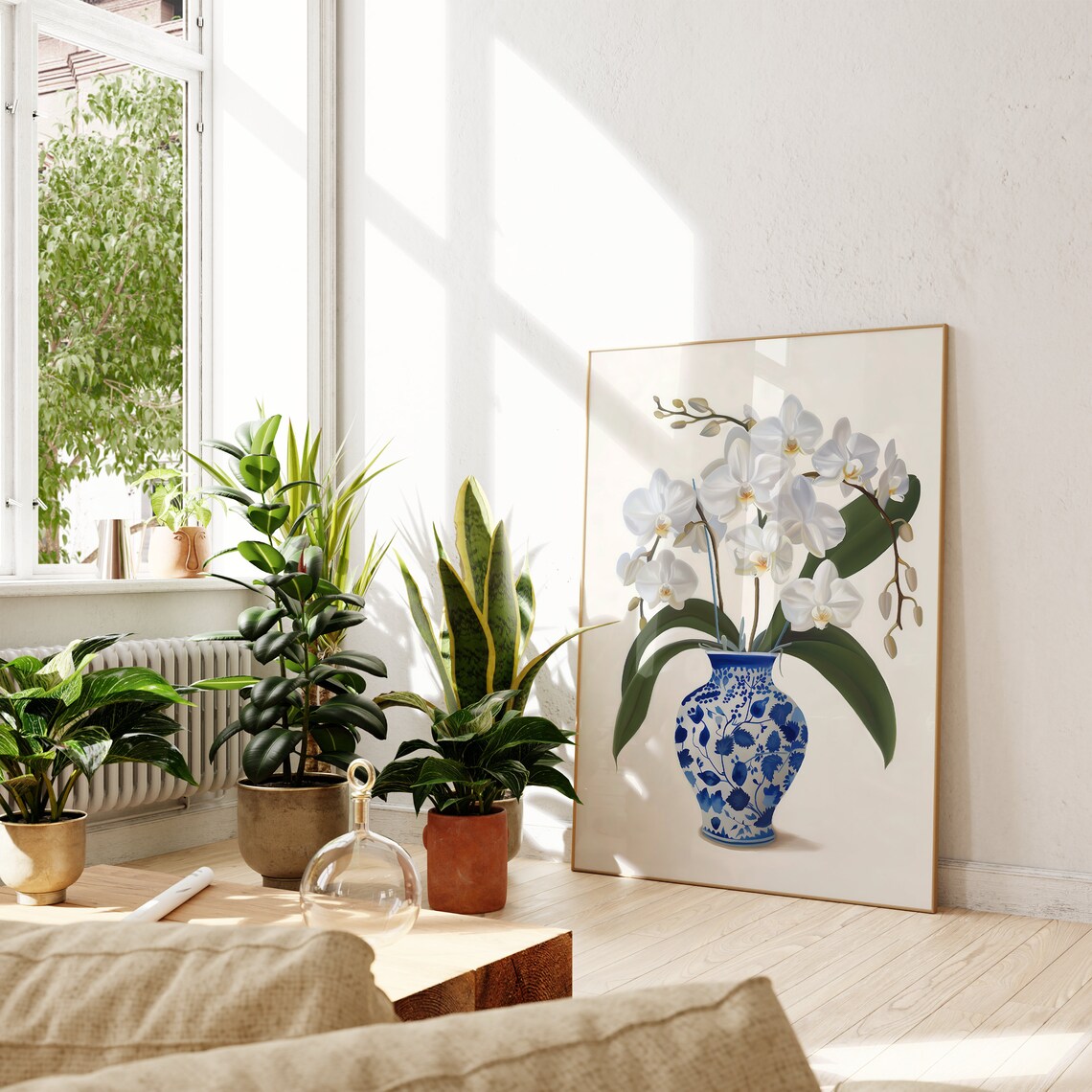 White Orchid Blooms Blue White Floral Vase Elegant Botanical Poster - Image 2