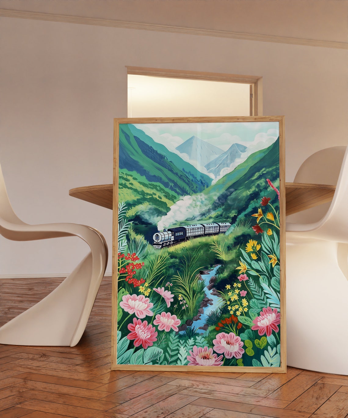 Steam Train Crossing A Green Mountain Valley Floral Art Print