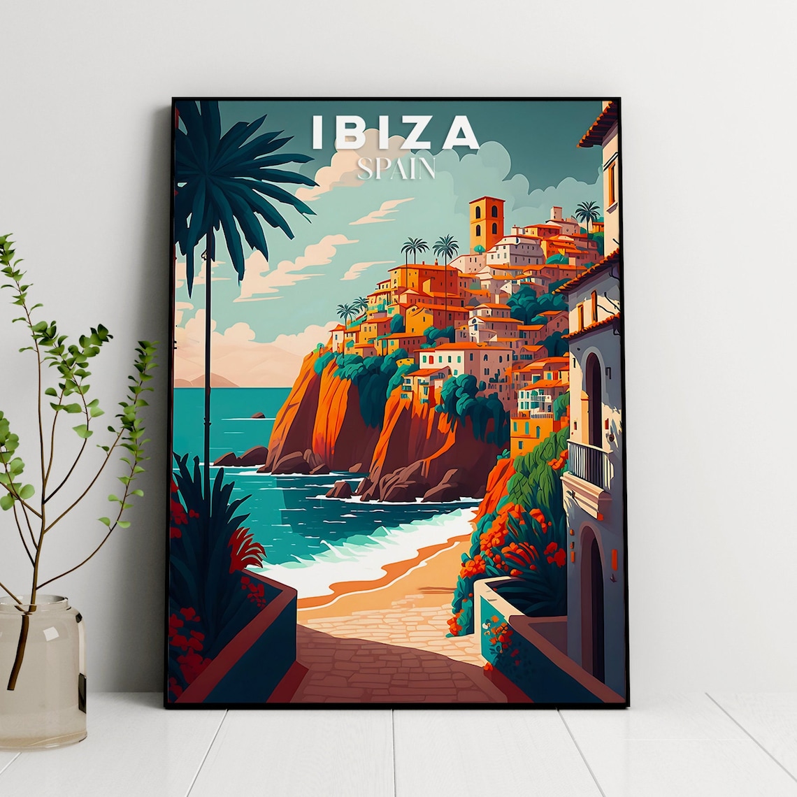 Ibiza Travel Poster, Spain Coastal Landscape