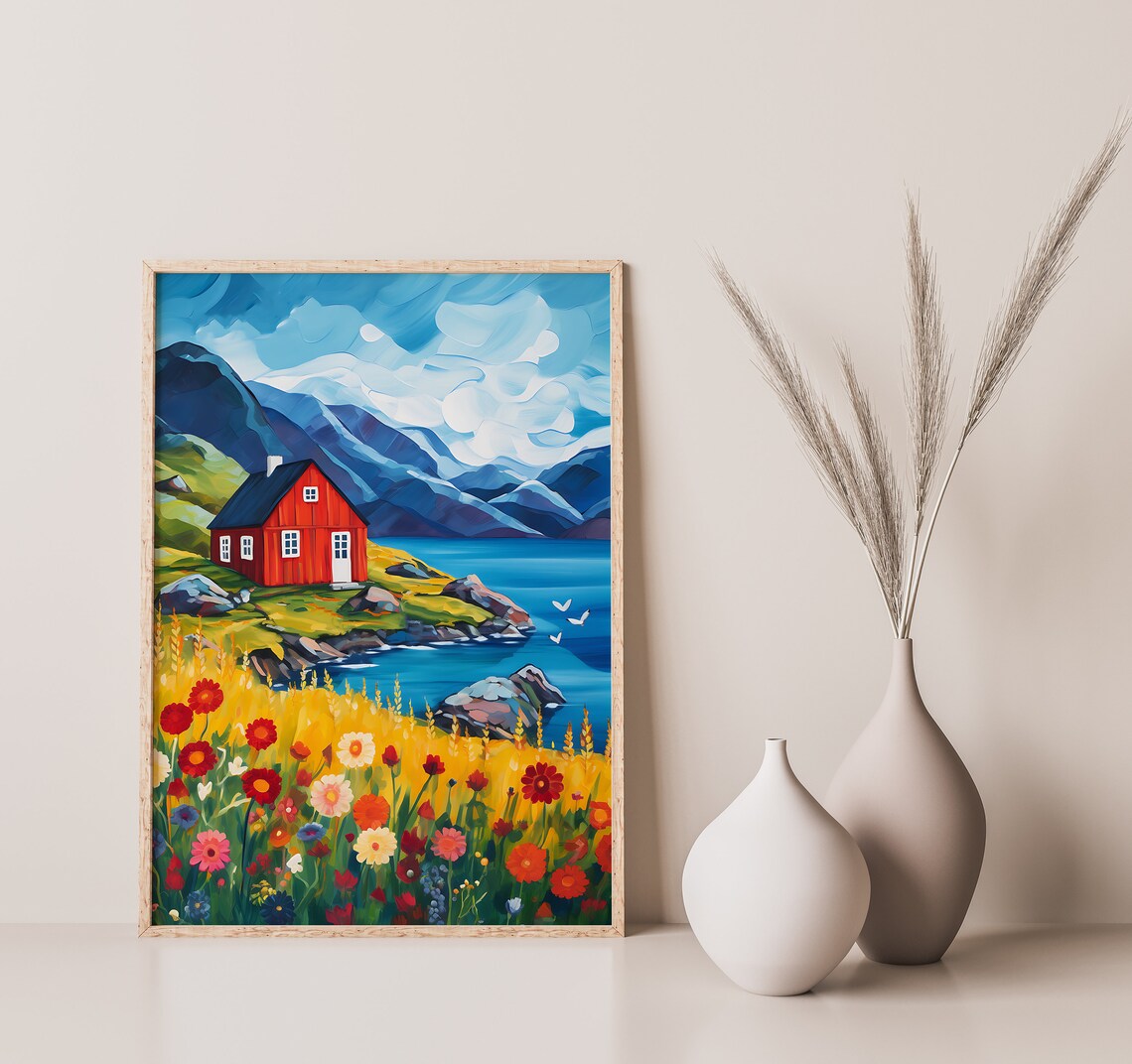 Norway Travel Poster, Wooden House And Mountain - Image 2