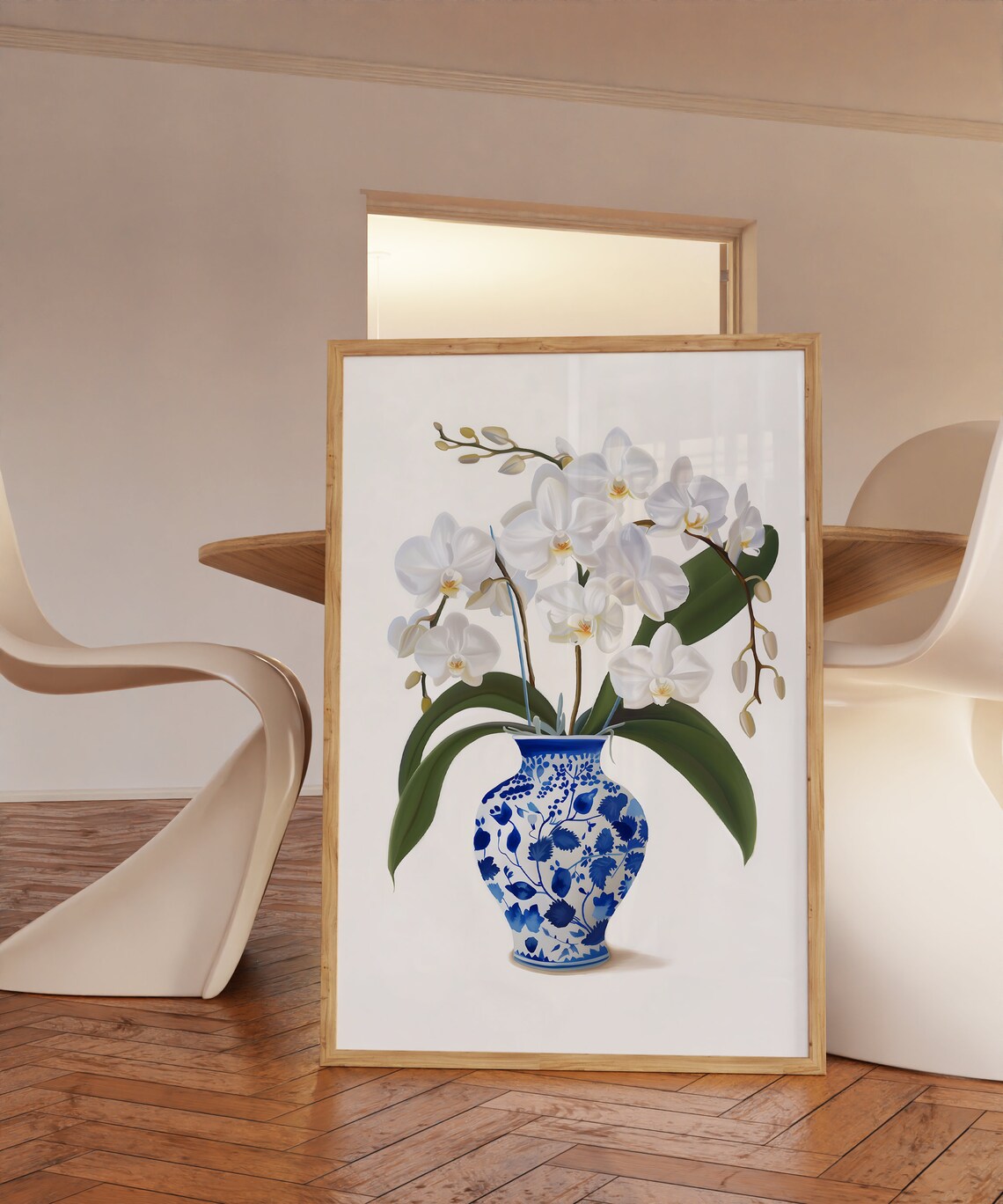 White Orchid Blooms Blue White Floral Vase Elegant Botanical Poster - Image 3