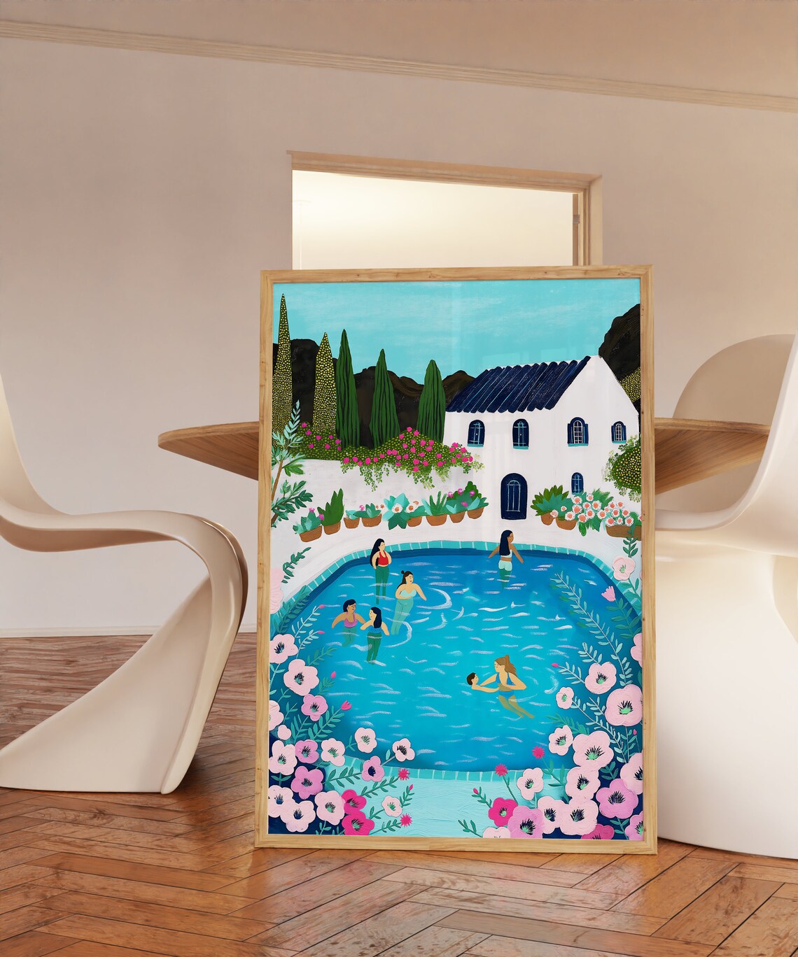 People At Pool Illustration Cute Retro Swimming Pool Summer Wall Art Pool House Decor - Image 2