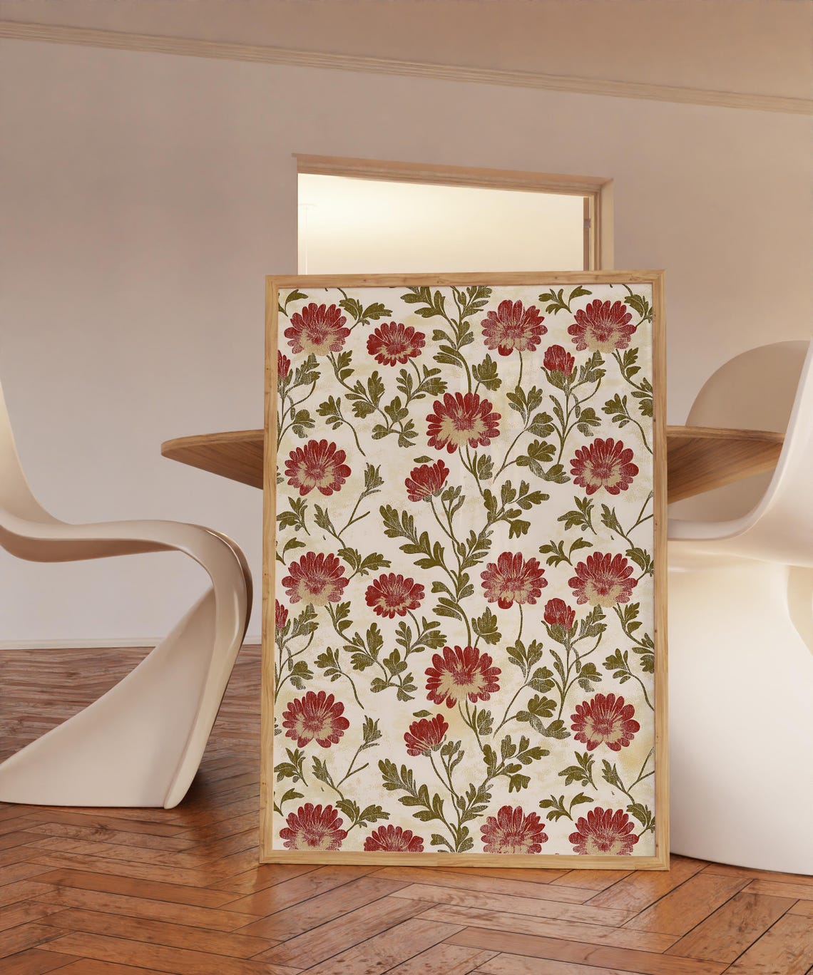 Vintage Floral Pattern Red Blossoms Green Vines Cream Wall Art - Image 2