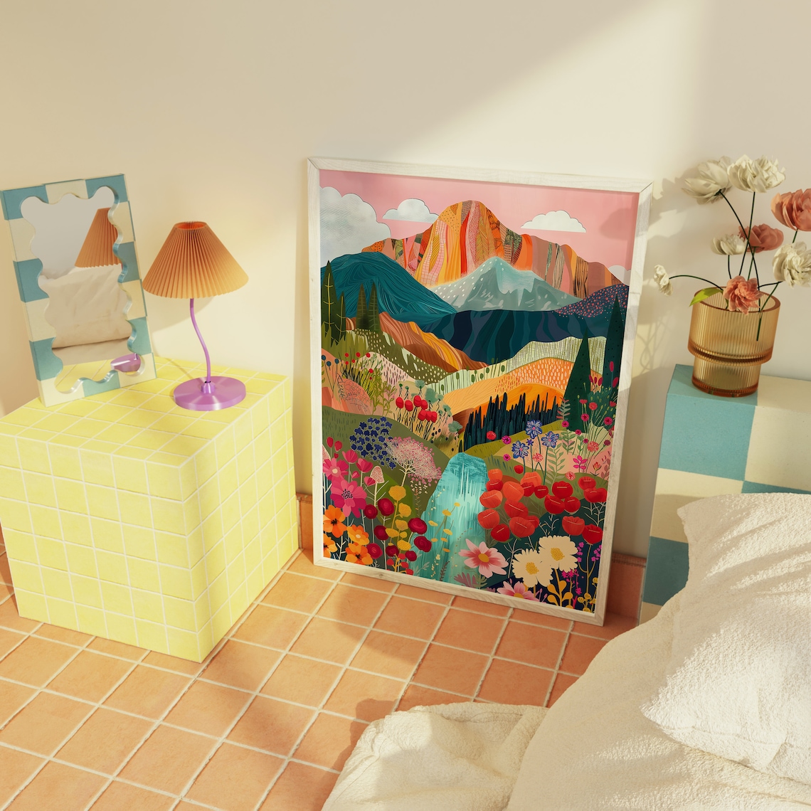 Abstract Patchwork Mountain Art Print, Colorful Scenery - Image 2