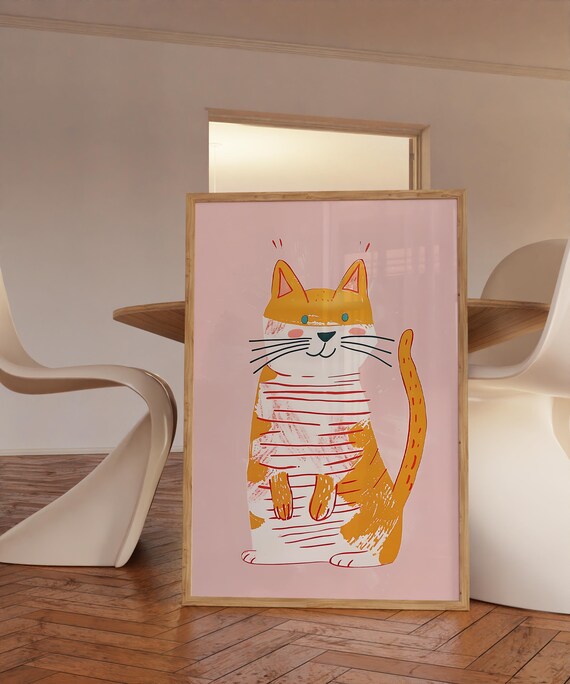 Cute Orange Tabby Cat Striped Kitten Pink Nursery Room Art Poster