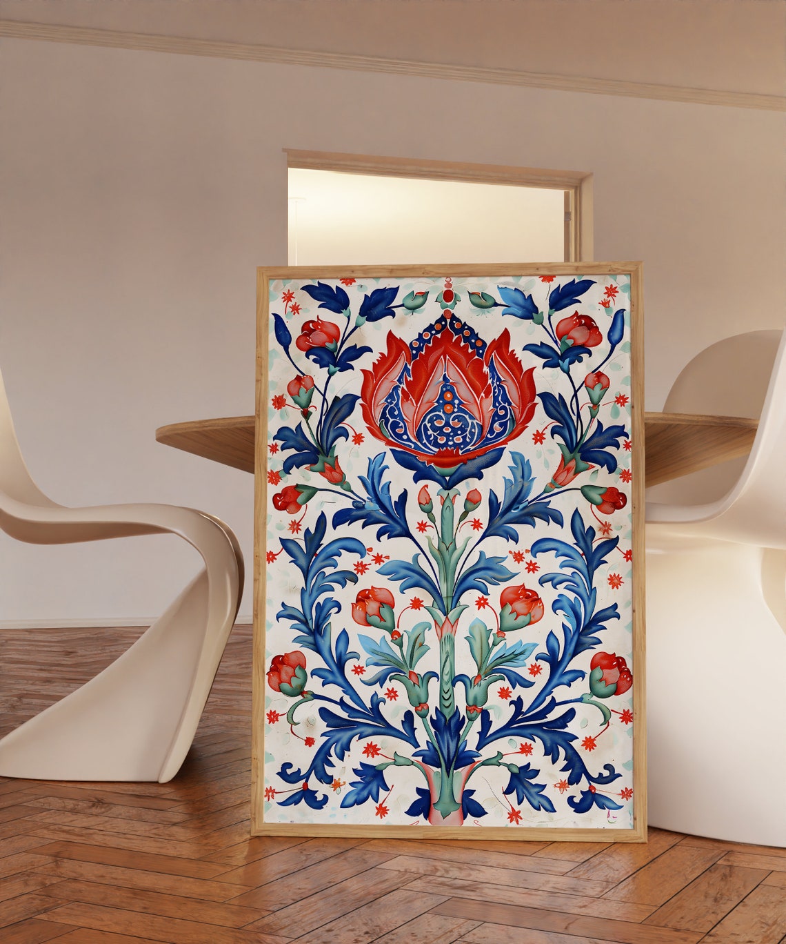Traditional Ottoman Ceramic Red Blue Tulip Tile Pattern Wall Art - Image 2