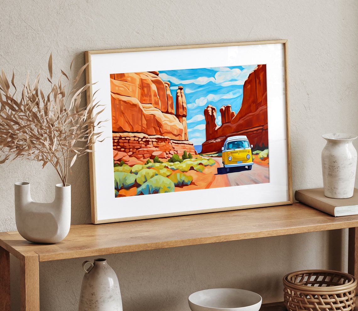 Utah Art Print Arches National Park Painting Vw Van Art Travel Painting Travel Illustration Utah Travel Illustration - Image 3