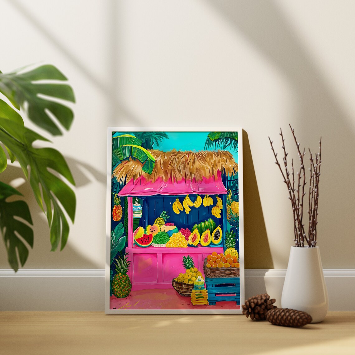 Tropical Fruit Shop Colourful Decor Kitchen Wall Art Pink Illustration - Image 2