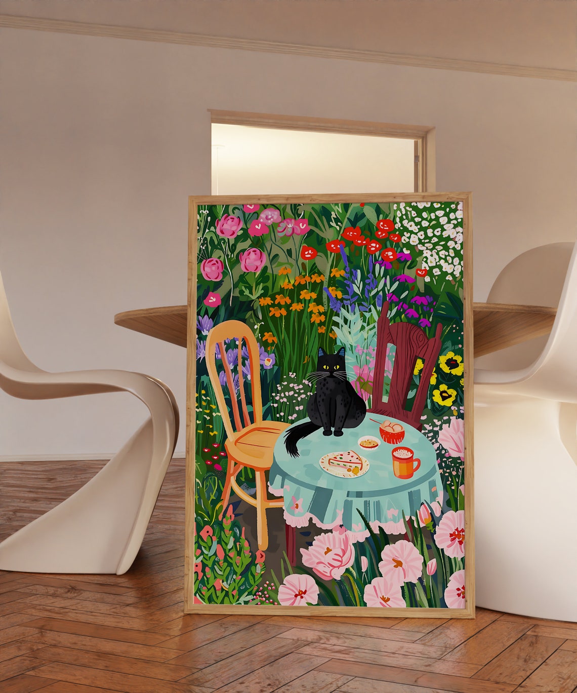 Whimsical Garden Cat Afternoon Tea Floral Black Cat Table Print - Image 2