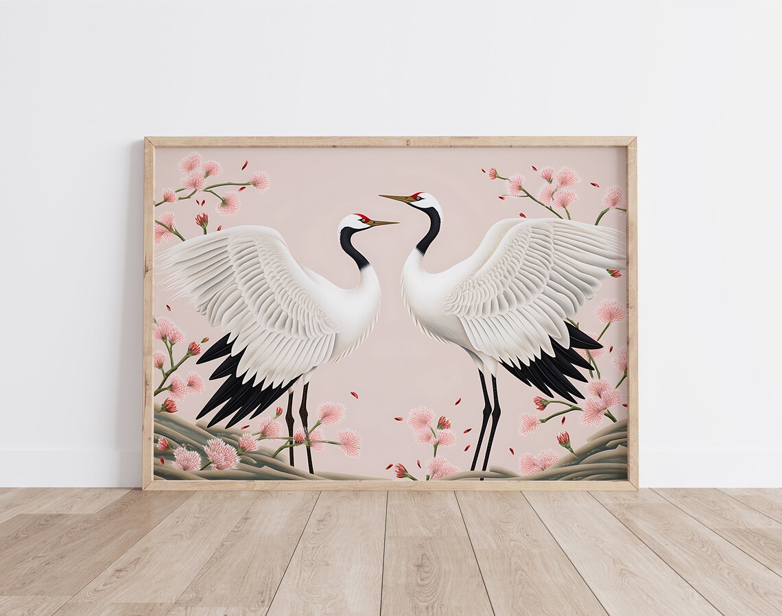 Japanese Crane Birds Illustration, Boho Art Print