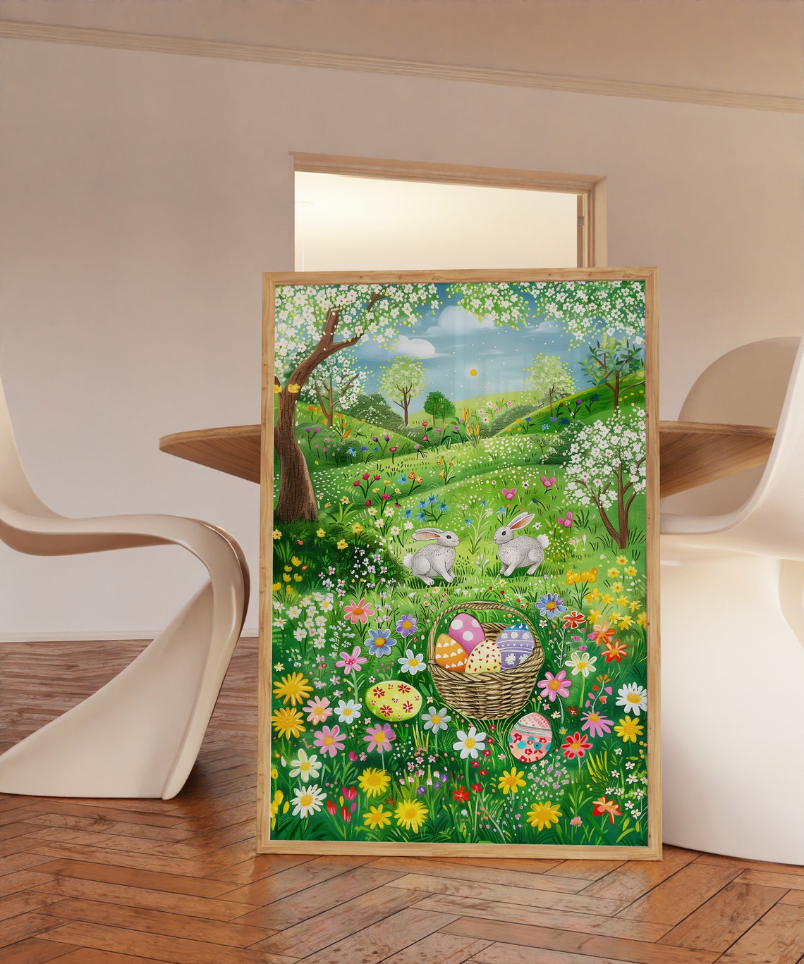 Easter Rabbits Wildflower Meadow Painted Egg Hunt Scene Art Poster - Image 2