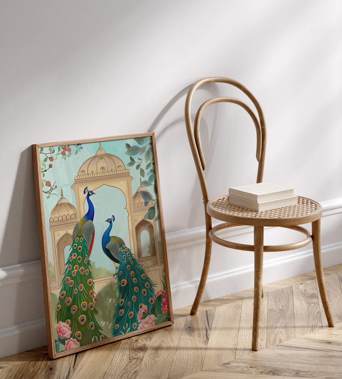 Two Elegant Peacocks Before an Indian Palace Garden Floral Wall Art - Image 2