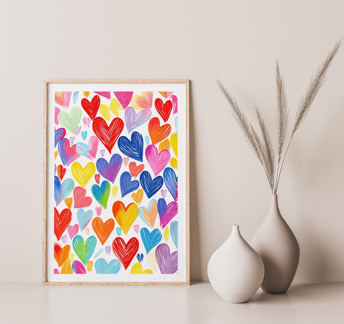 Colorful Hearts Pattern Nursery Wall Art Playful Hand Drawn Rainbow Decor - Image 3
