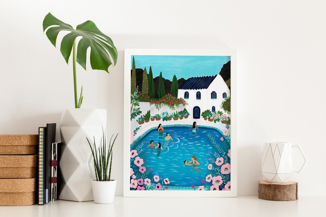 People At Pool Illustration Cute Retro Swimming Pool Summer Wall Art Pool House Decor