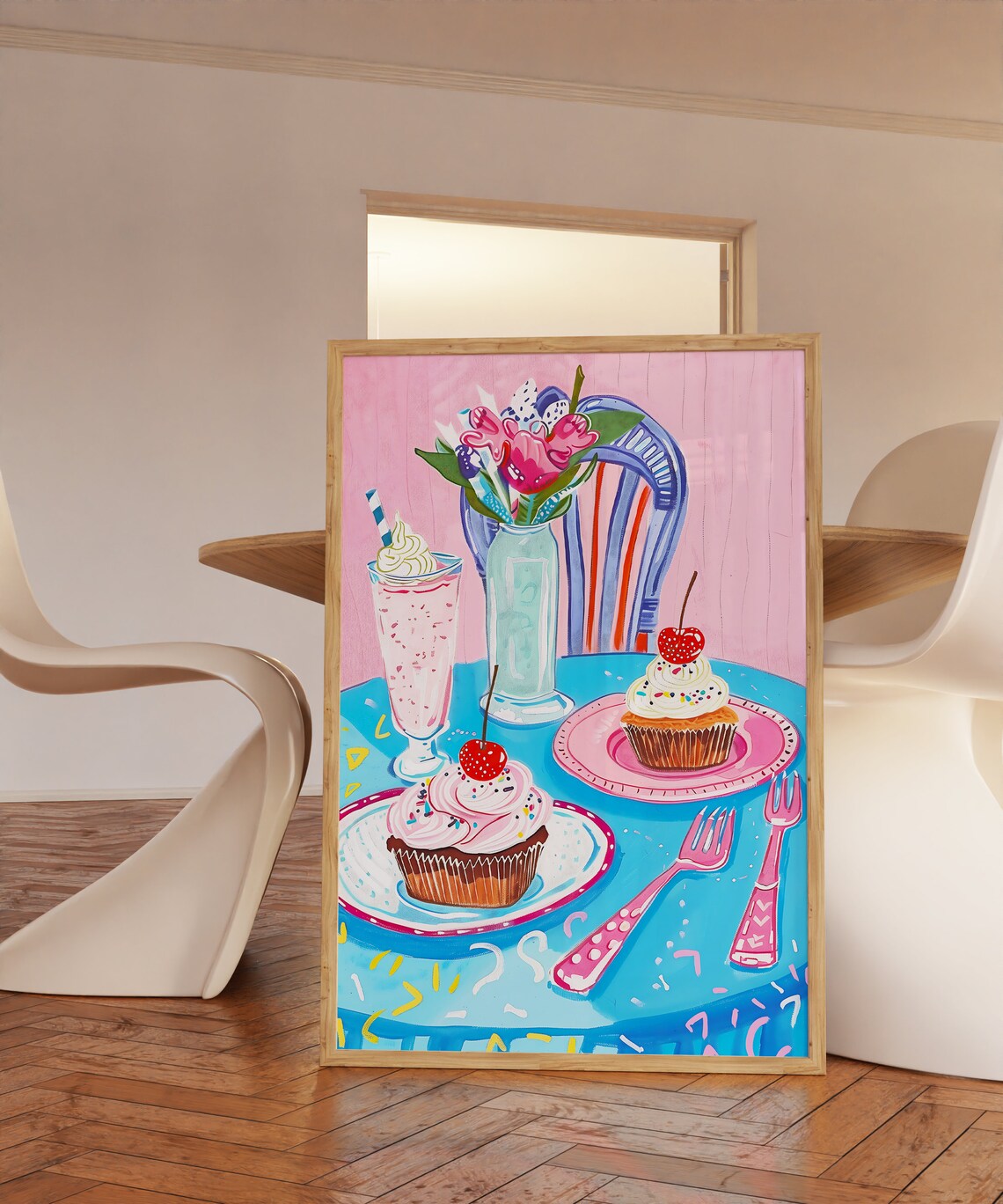 Pink Cupcakes Milkshake Sweet Dessert Party Kitchen Decor Art Poster