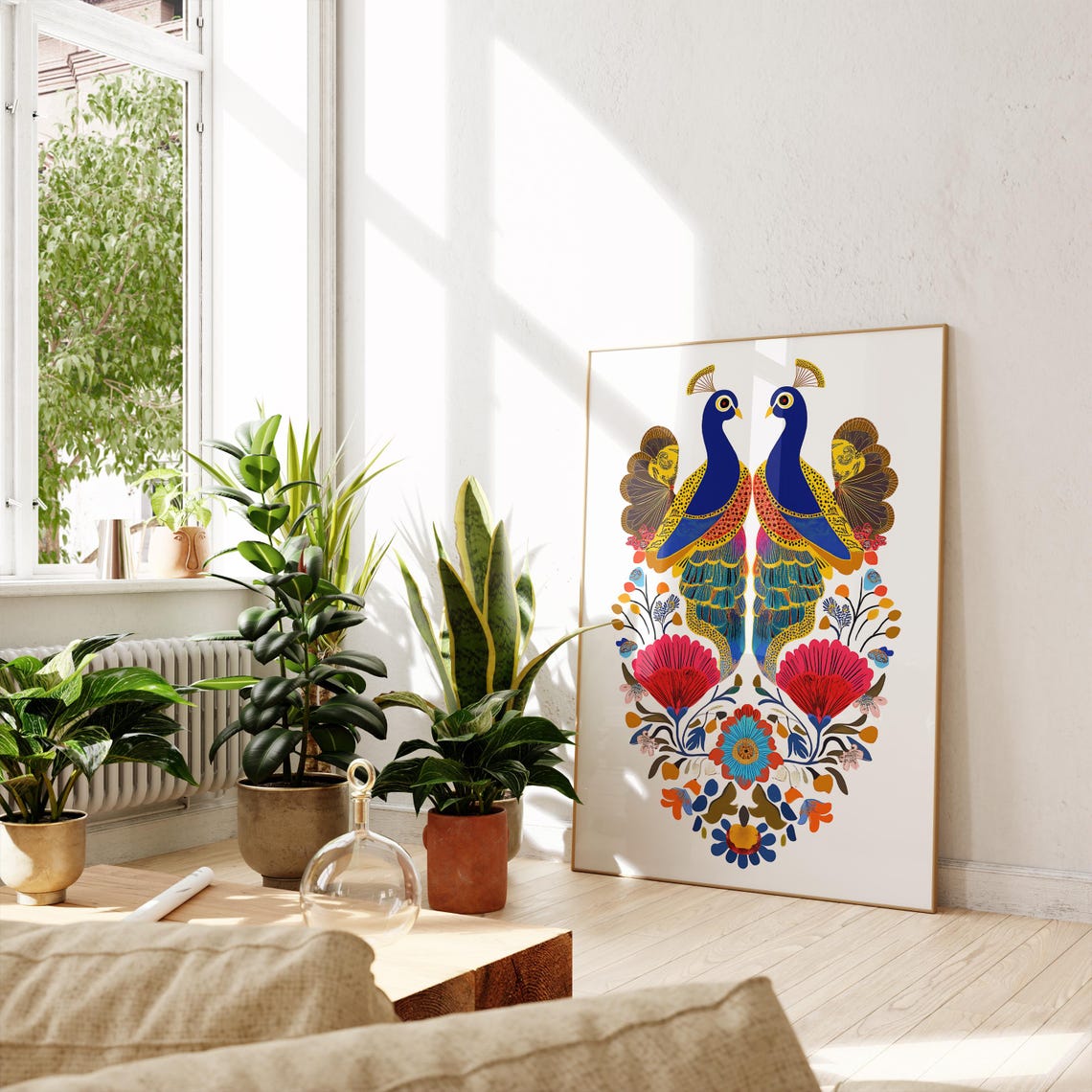 Mirrored Blue Peacocks Indian Folk Art Floral Mandala Poster - Image 2