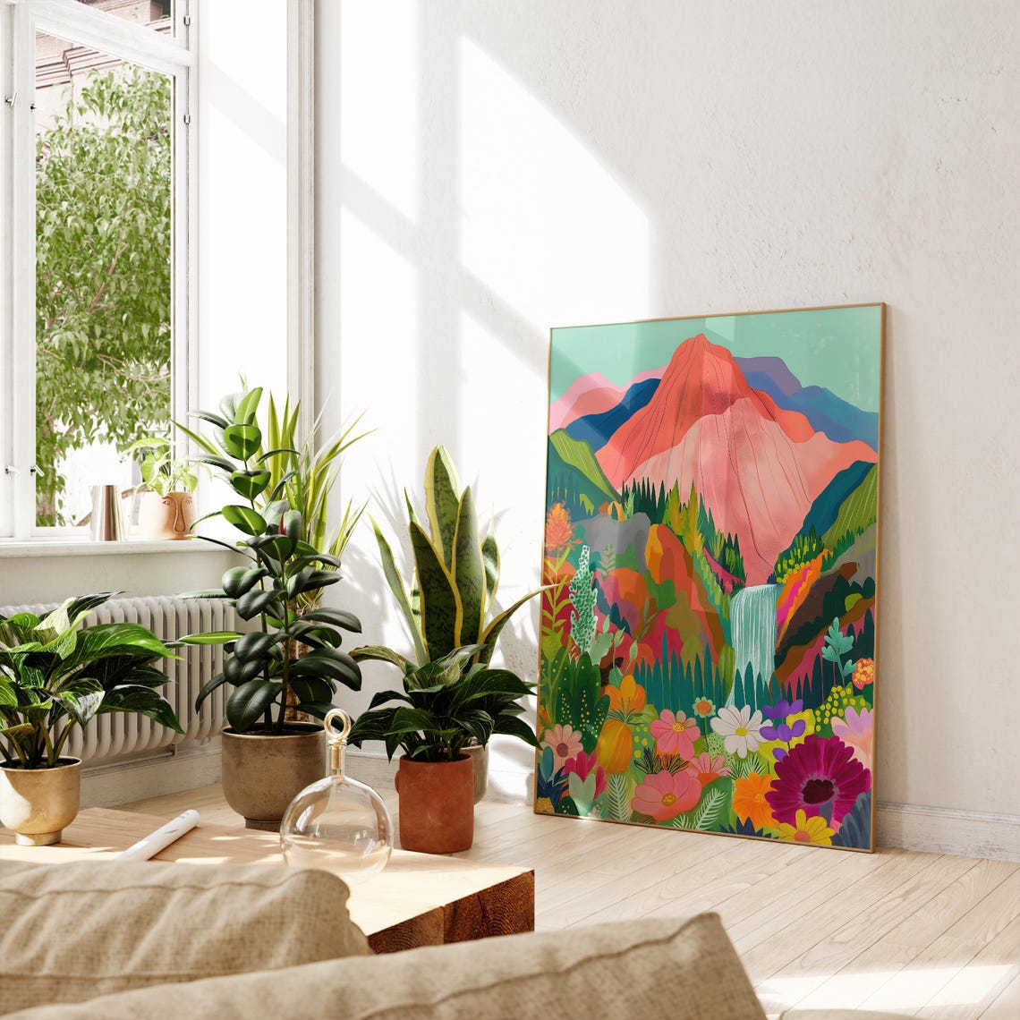 Red Mountain Waterfall Valley Lush Tropical Flowers Art Print - Image 2