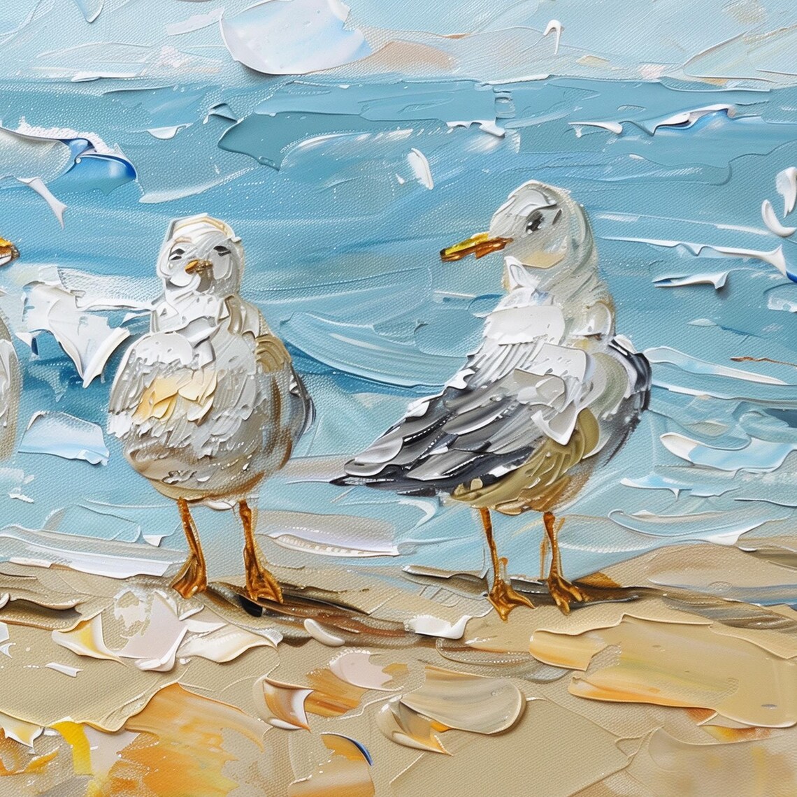 Four Seagulls on Beach Shore Cute Seabird Oil Painting Poster - Image 6