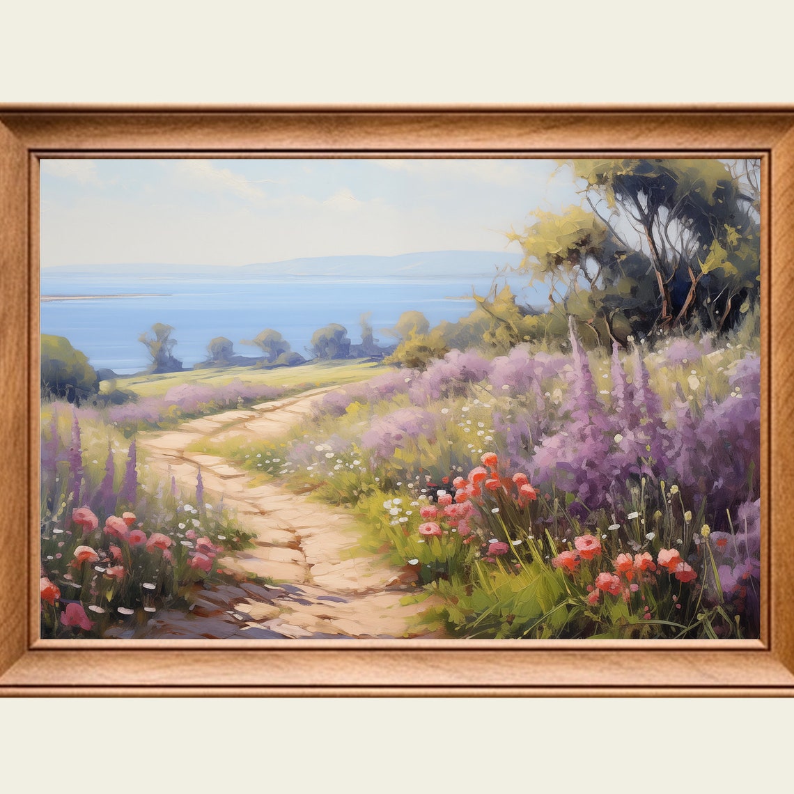 Vintage Coastal Spring Wildflower Path Ocean View Oil Painting Poster
