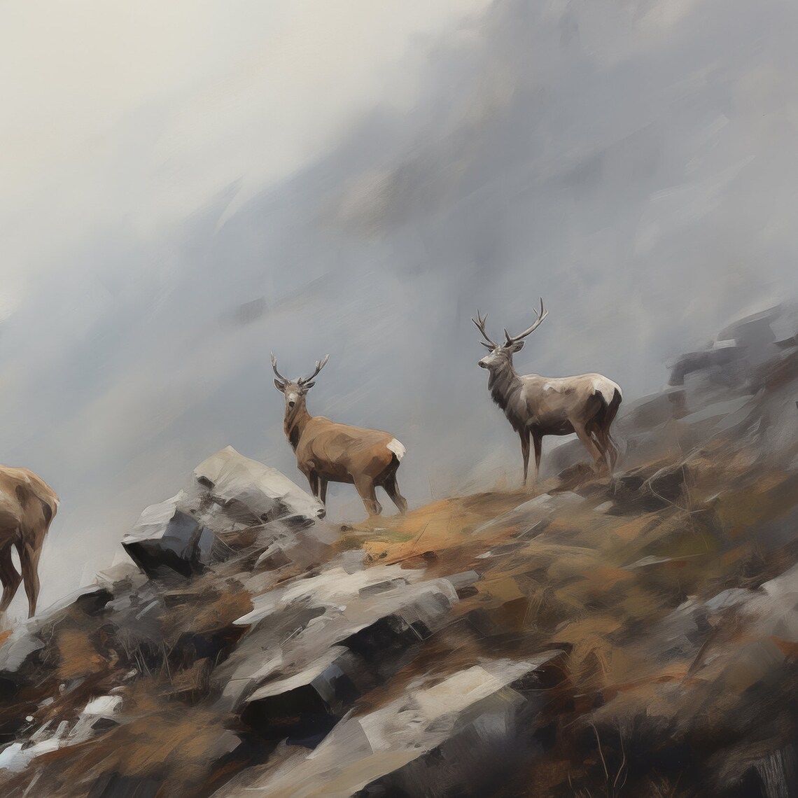 Misty Mountain Deer Painting Three Stags Rocky Ridge Wildlife Art Poster - Image 6