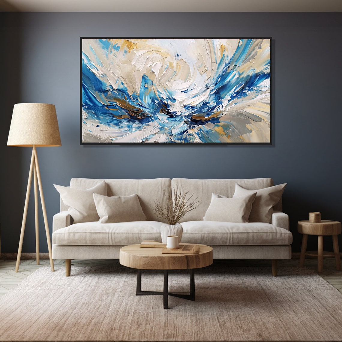 Blue White Abstract Swirls Impasto Ocean Wave Modern Painting Wall Art - Image 4