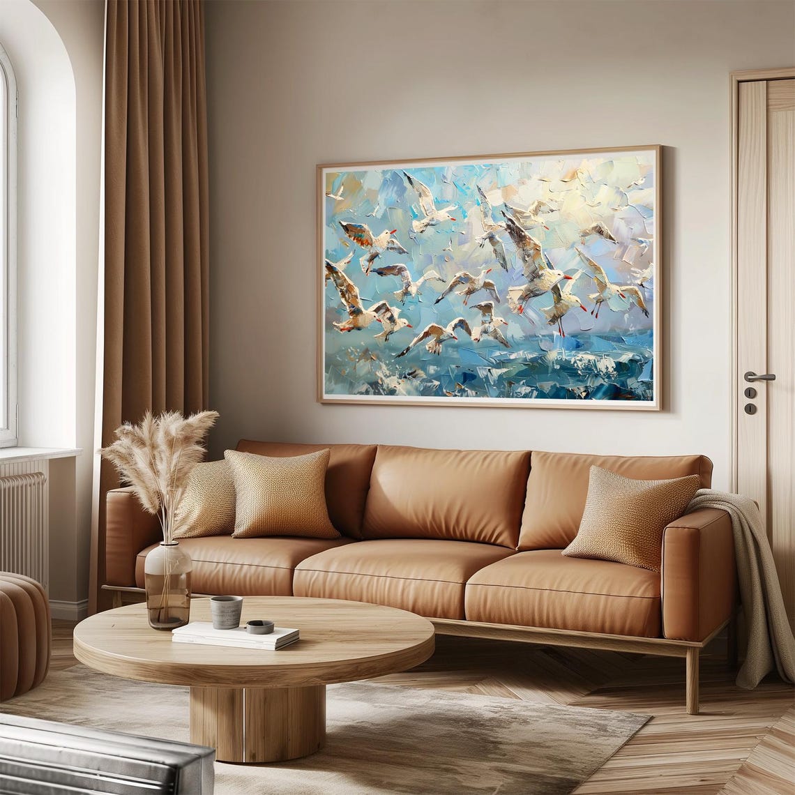 Seagull Flock Soaring Over Blue Sea Sky Dynamic Painting Poster - Image 3