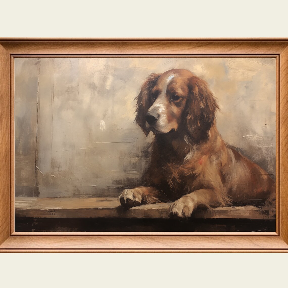 Senior Brown Spaniel Dog Resting Vintage Oil Painting Wall Art Print