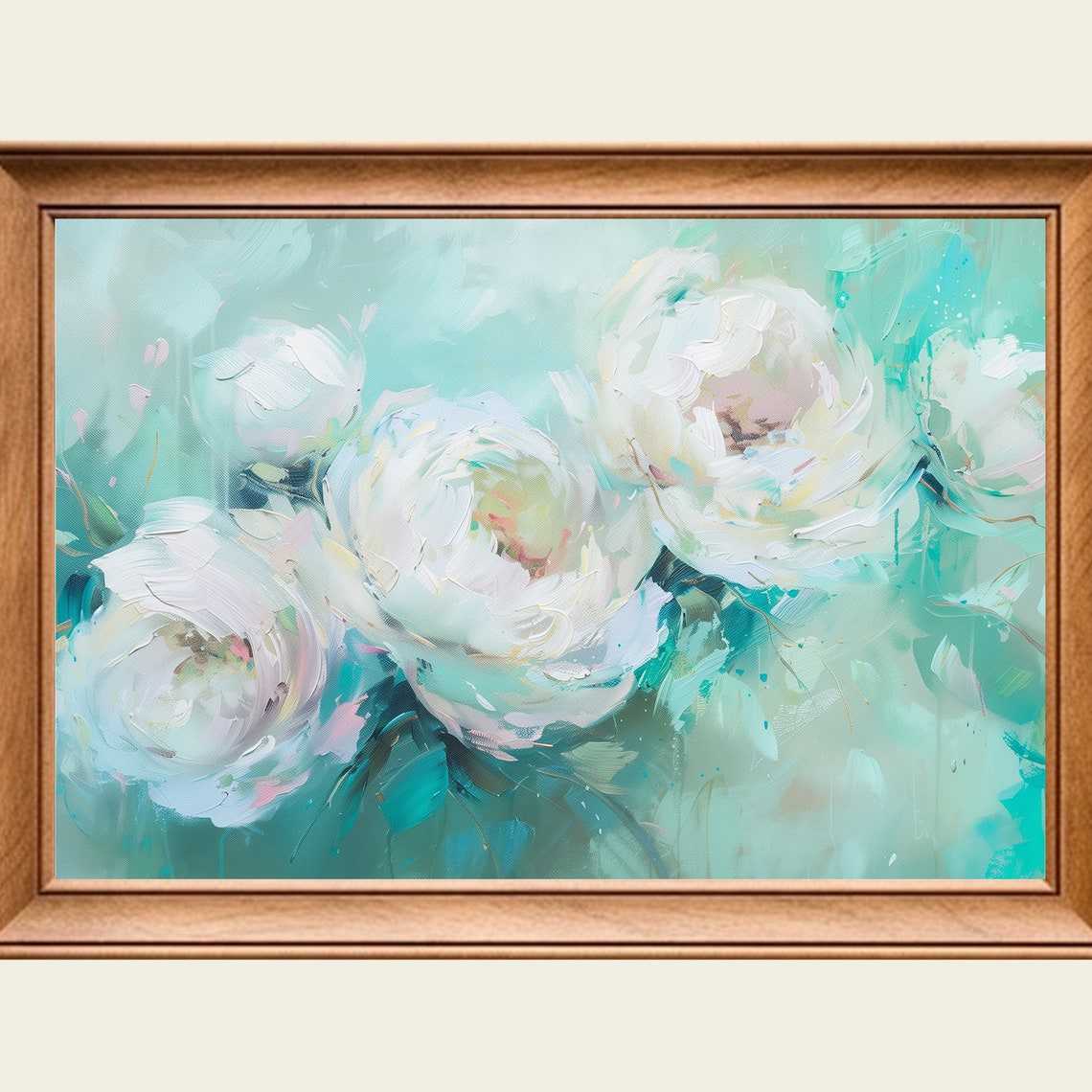 White Peonies Mint Green Impressionist Floral Modern Painting Wall Art