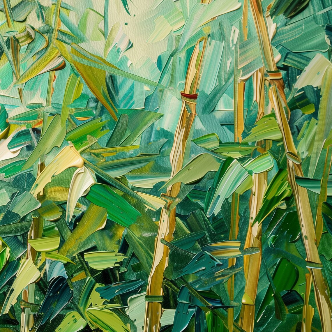 Bamboo Grove Oil Painting Lush Green Leaves Impasto Wall Art Poster - Image 6