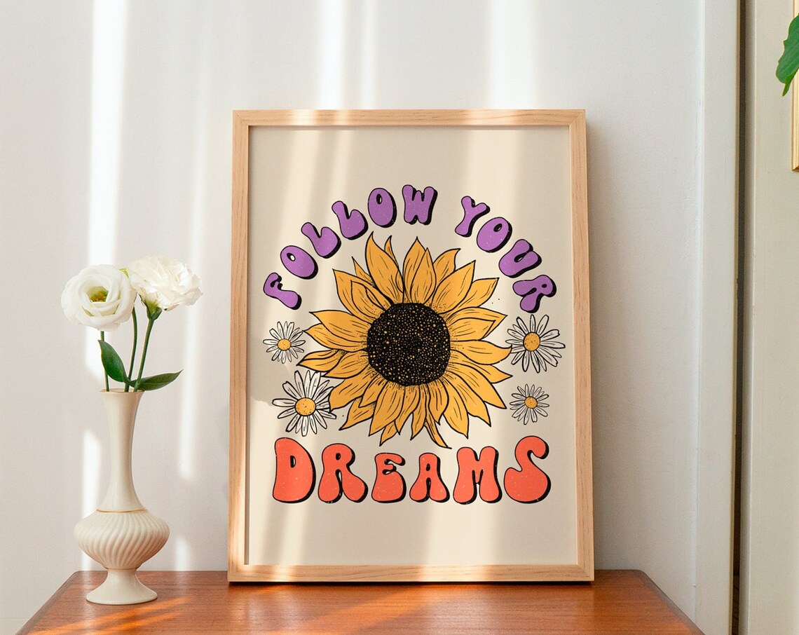 Sunflower Retro Art Print, Hippie Wall Decor - Image 2
