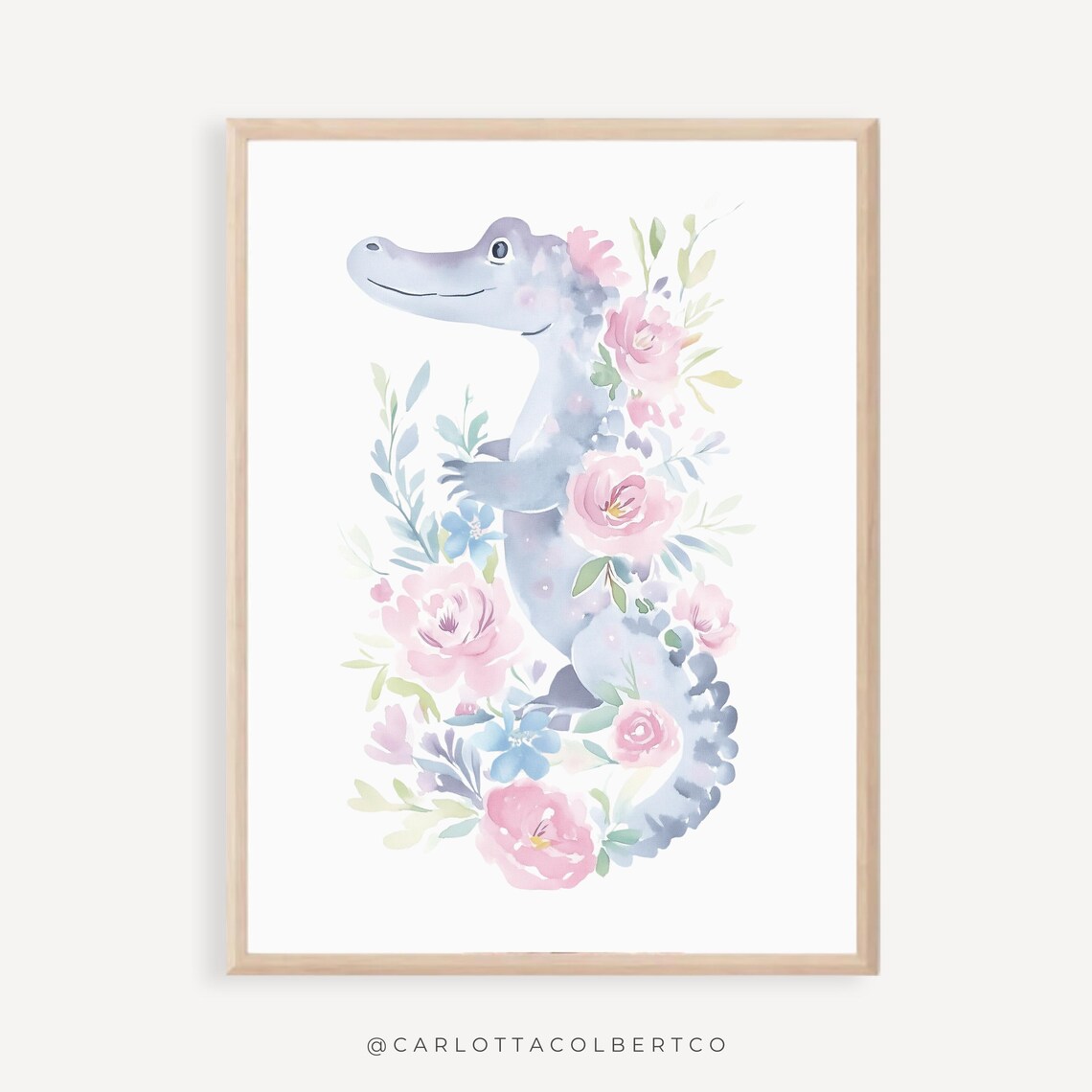 Floral Baby Crocodile Watercolor Girls Nursery Animal Poster