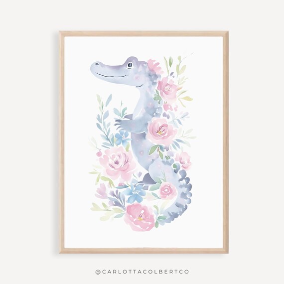 Floral Alligator Wall Art Pink Girl Nursery Print Animal Flower Animals Poster Preppy Colorful