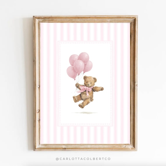Bear Nursery Art Vintage Light Pink Girl Decor Stripes Teddy Poster Balloons Print Baby Room