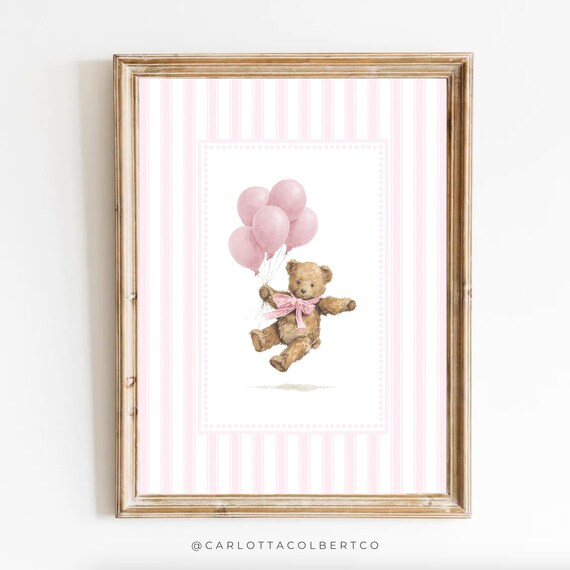 Vintage Teddy Bear Pink Balloons Striped Baby Girl Nursery Poster