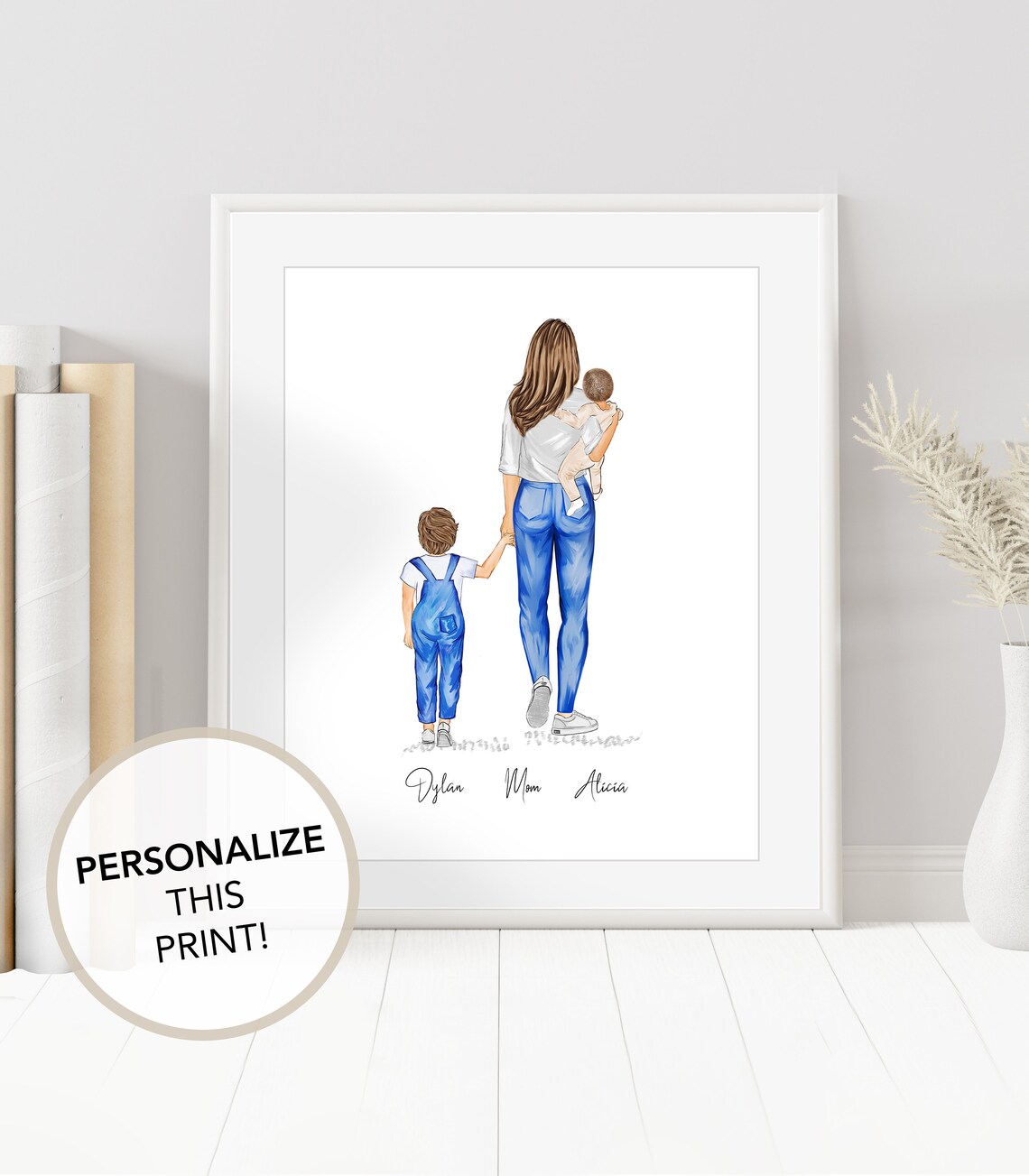 Personalized Mother and Two Children Rear View Family Art Poster