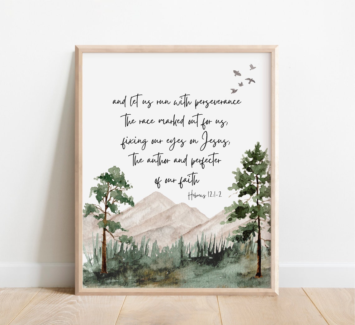 Hebrews 12:1-2 Run With Perseverance Watercolor Mountain Poster