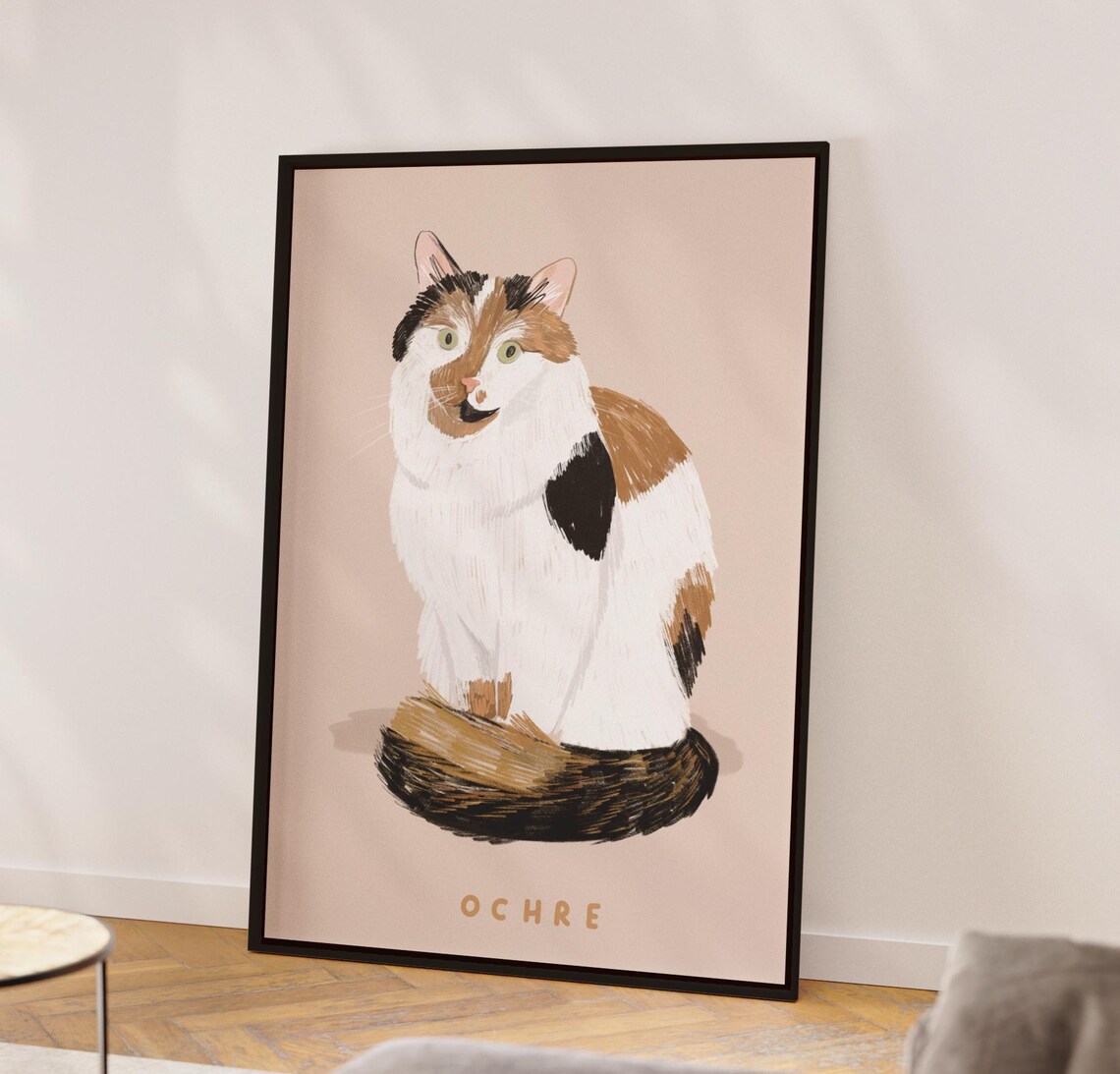 Funny Calico Cat Portrait With Ochre Text Cute Pet Art Wall Poster
