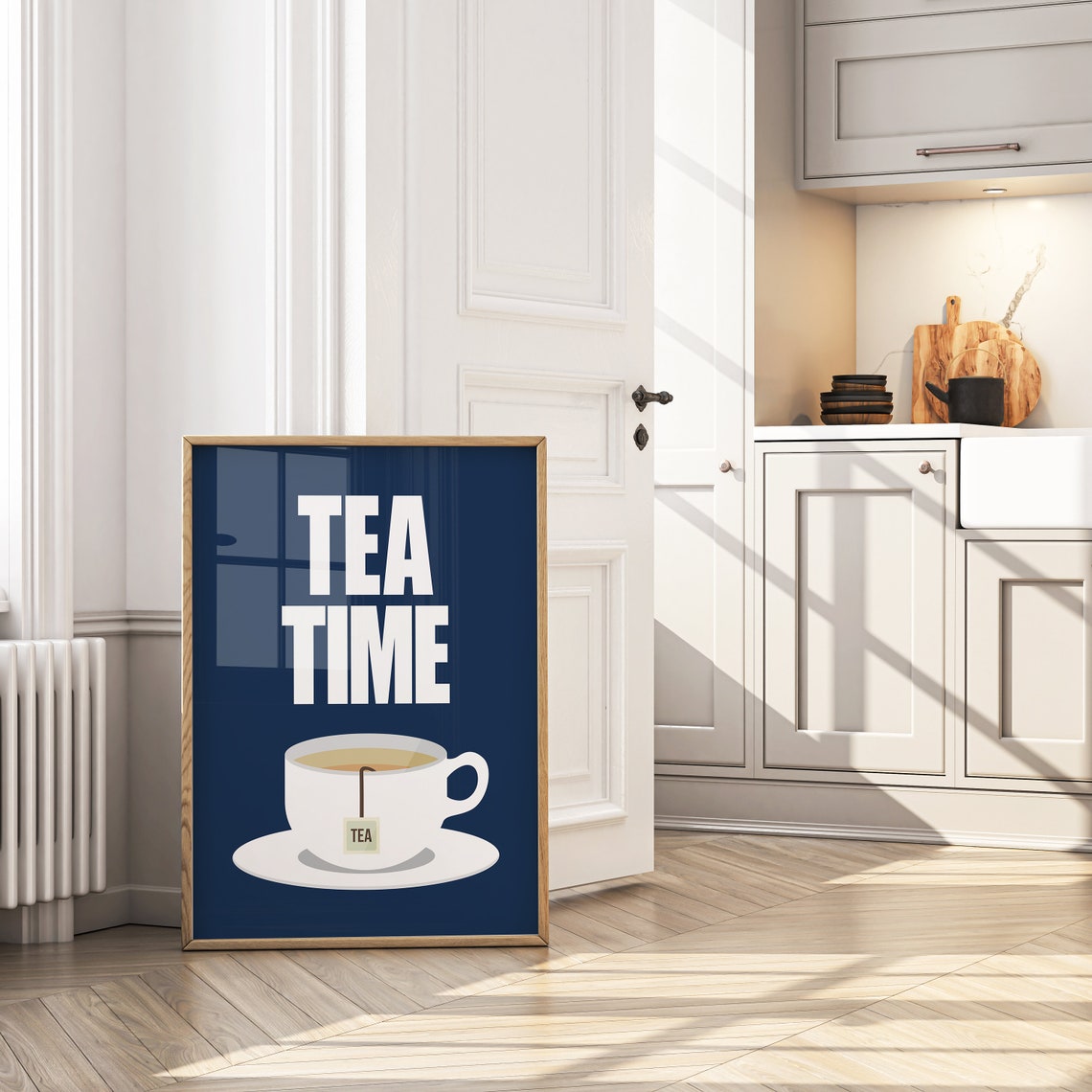 Tea Time Navy Teacup Minimalist Typography Kitchen Quote Poster - Image 2