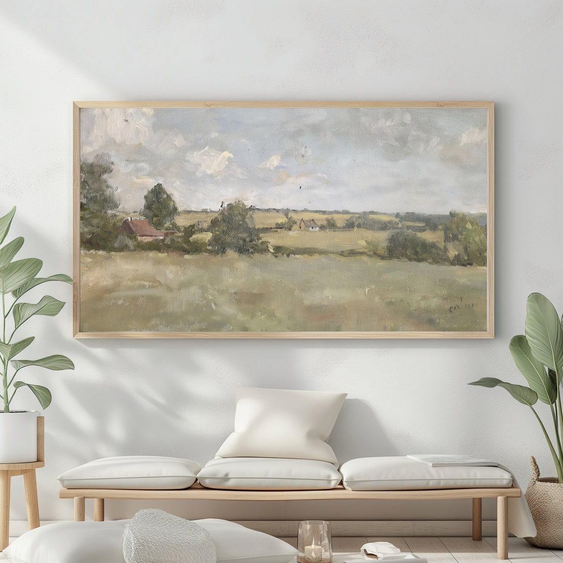 Muted Green Landscape Frame Tv Art Countryside Landscape Soft Tone Field Farmhouse Decor - Image 2