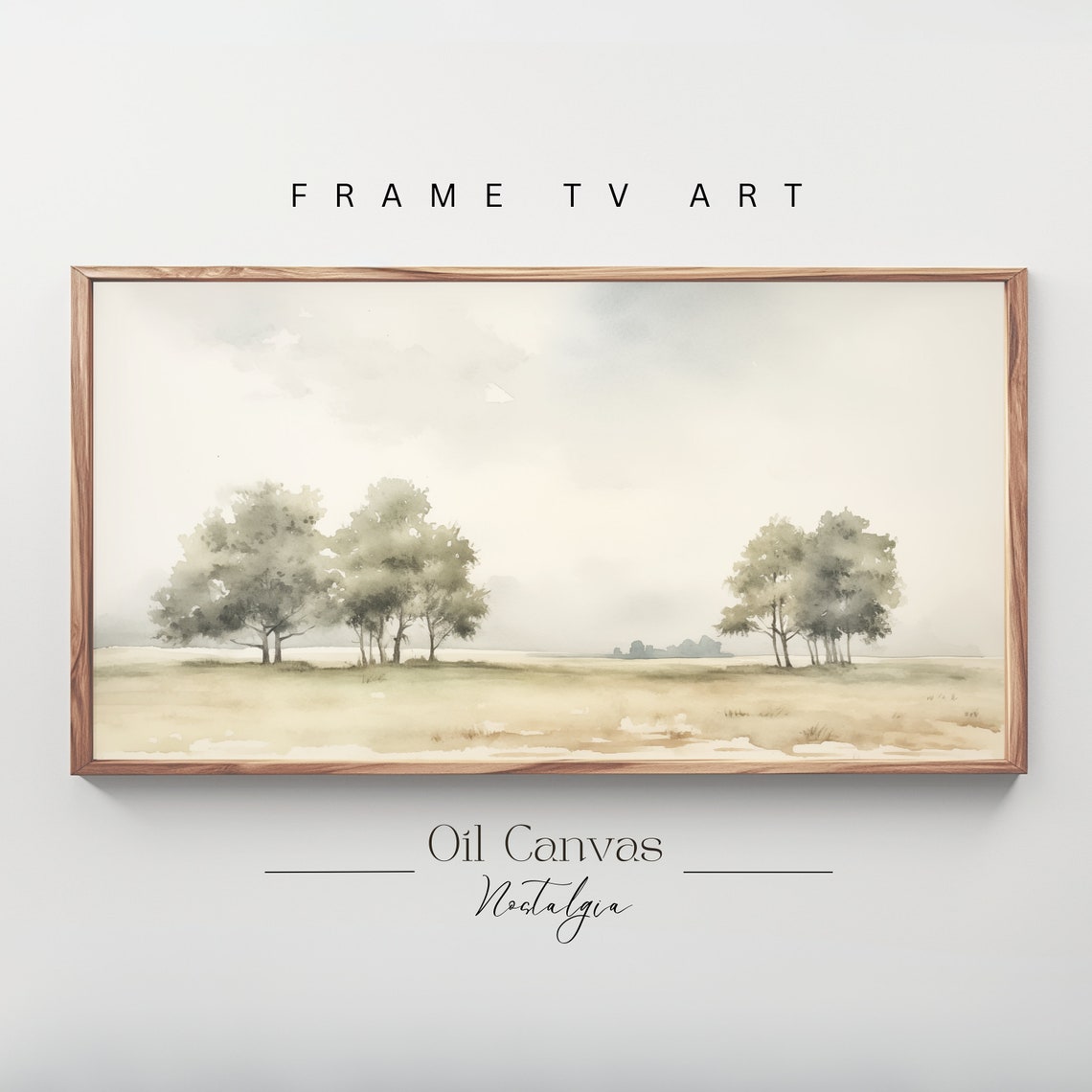 Watercolor Meadow Two Tree Clusters Soft Morning Haze Country Wall Art