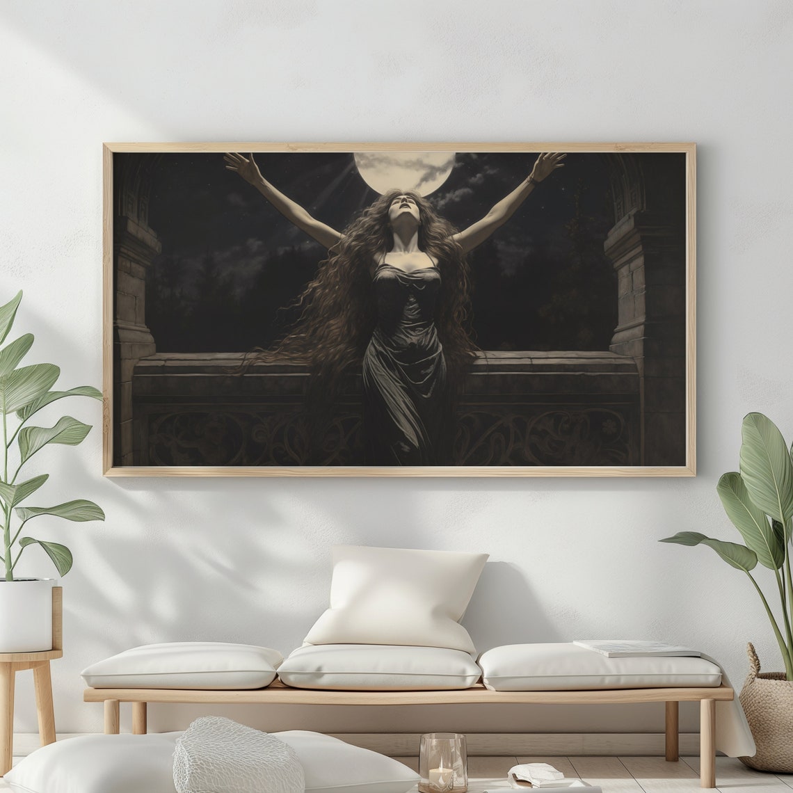 Moonlit Witch Under Full Moon Dark Gothic Vintage Painting Poster - Image 2