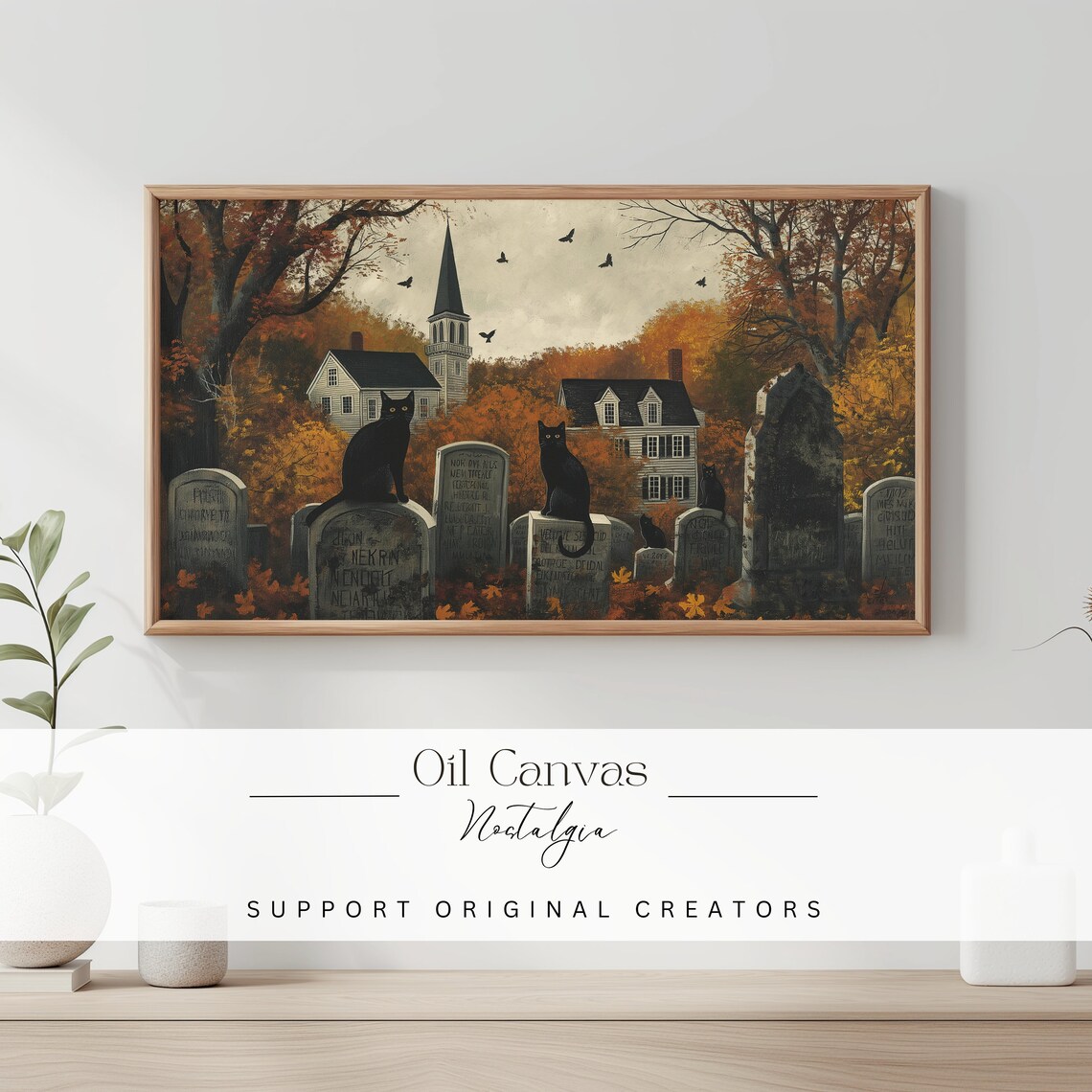 Vintage Halloween Black Cats On Gravestones Church Autumn Scene Wall Art Poster - Image 2